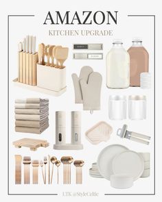 an image of kitchen utensils and other items on the cover of amazon's kitchen upgrade guide