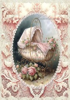 a painting of a baby's carriage with roses