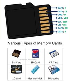 various types of memory cards are shown in this diagram, with the names and description below