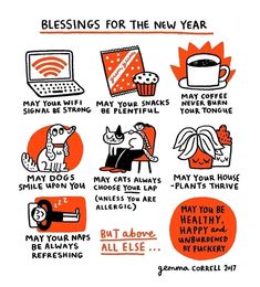 an orange and white poster with words on it that say blessings for the new year