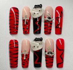 Red And Black Zebra Nails, Red Zebra Nails, Red And Black Nails Acrylic, Nails 2000s, Zebra Stripe Nails, Nails Hello Kitty, Red Black Nails, Zebra Print Nails, Quinceanera Nails