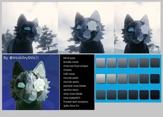 four different images of a cat with blue eyes and white flowers on its head, in front of trees