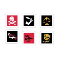 six square stickers with different symbols on them, all in red and black colors