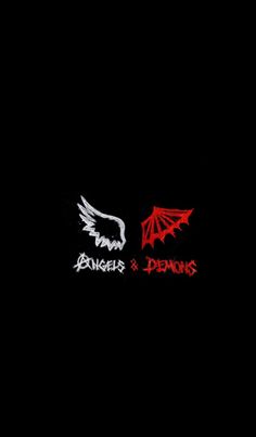 two red and white logos on a black background with the words, angels and demons