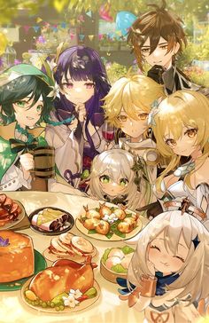 a group of people sitting around a table with food on it