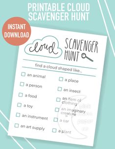 "A printable cloud watching scavenger hunt! The perfect way to have some good old-fashioned fun outside! This is a fun activity for kids on days when you are stuck at home! It's also a fun birthday party game, school activity, outdoor picnic or backyard game, or kids' social distancing activity.  Simply download the file and print at home or at your local print shop.  Print on a letter size piece of paper (8.5\" x 11\"). YOUR PURCHASE INCLUDES: + Digital file(s) only, NO physical item will be sh Cloud Watching, Nature Games, Backyard Kids, Treasure Hunt For Kids, Primary Presidency, Social Skills Groups, Easter Games, Scavenger Hunt For Kids, Summer Backyard