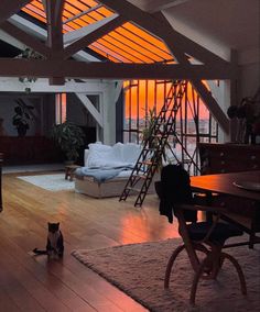 a cat sitting in the middle of a living room with a ladder on the wall