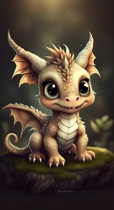 a cute little dragon sitting on top of a grass covered field with leaves in the background