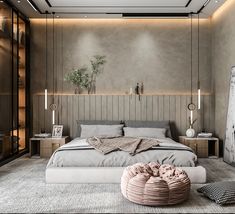 a bedroom with gray walls and flooring is pictured in this image, there are two stools on the side of the bed