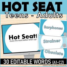 hot seat signs with the words hot seat and other words on them in front of a computer screen