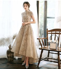 Prom Dress Champagne, Short Sleeve Prom Dresses, Prom Dress Lace, High Low Prom Dress, Champagne Evening Dress, High Low Prom Dresses, Dress Champagne, Gaun Fashion, Lace Formal Dress