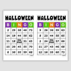 two halloween bingo cards with the numbers 1, 2, and 3 in each row