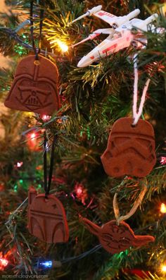 star wars ornaments are hanging on the christmas tree