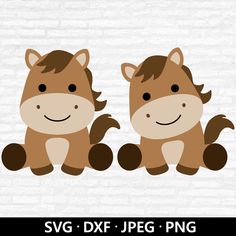 two brown horses sitting next to each other on top of a white brick wall with the words svg dxf png