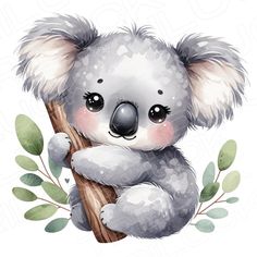 a cute koala bear sitting on top of a tree branch with leaves around it