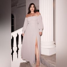 Lulus, Size Medium, Grey, Off-The-Shoulder Maxi Dress. New With Tags. Gray Formal Dress Plus Size, Gray Formal Dress Long Sleeve, Gray Long Sleeve Dress Formal, Off Shoulder Gray Dress, Plus Size Wedding Fit, Wedding Guest Outfit Fall, Long Sleeve Bridesmaid Dress, Plus Size Party Dresses, Balloon Sleeve Dress