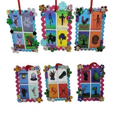 four different pictures hanging on clothes pins with red string in front of white background, each featuring an individual's silhouette