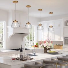 a kitchen with white counter tops and stools next to a wine bottle on the island