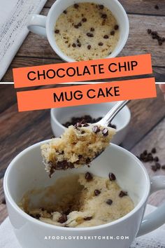 chocolate chip mug cake in a white cup