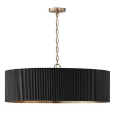 a black and gold chandelier hanging from a ceiling fixture with a circular shade