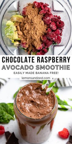 chocolate raspberry avocado smoothie in a mason jar