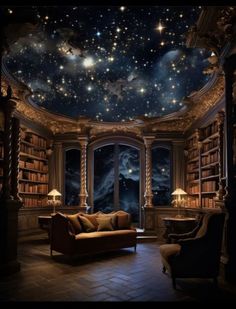 a living room filled with lots of furniture under a sky filled with stars and planets