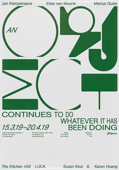 a poster for an art exhibition with green and white typograms on it