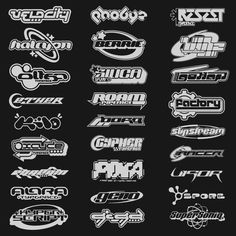 the logos and emblems for different types of racing cars, including one that has been modified