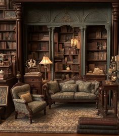 a living room filled with furniture and bookshelves