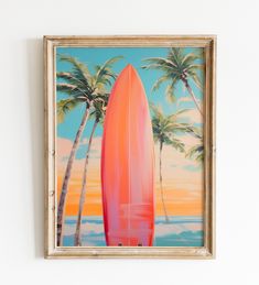 a painting of a surfboard in front of palm trees