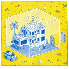 an illustration of a house in the middle of a yellow background with cars and people around it