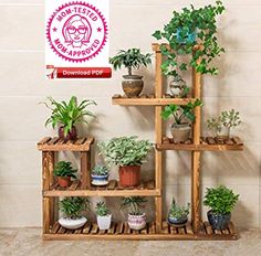 a wooden shelf filled with potted plants on top of a tiled floor