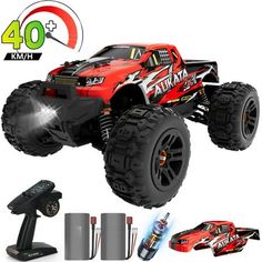 the remote controlled monster truck is red and black