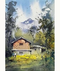 a watercolor painting of a house in the mountains