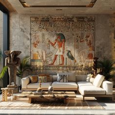 an egyptian themed living room with white couches and large paintings on the wall behind it