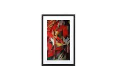 an abstract painting with red and green shapes in black frame on a white wall background