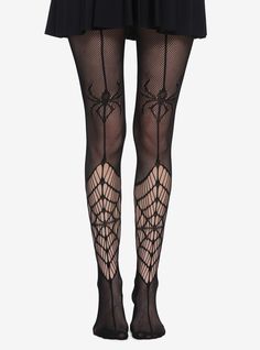 Spiderweb Fishnet Outfit, Spider Tights Outfit, Spider Fishnets, Gothic Stretch Fishnet Hosiery, Black Gothic Fishnet Hosiery, Gothic Black Fishnet Hosiery, Fitted Fishnet Tights For Halloween, Halloween Fishnet Thigh High Bottoms, Halloween Stretch Fishnet Legwear