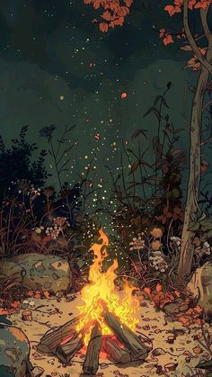 an illustration of a campfire in the woods