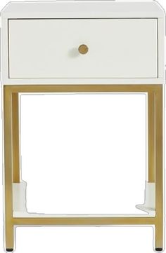 a white and gold end table with drawers on it's sides, against a white background