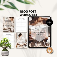 the blog post worksheet is displayed next to a potted plant and other items