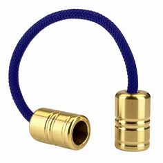 a brass plated metal tube with blue cord