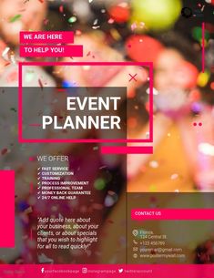 a pink and black event flyer with confetti