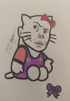 a drawing of a cat with a bow on it's head sitting next to a mouse