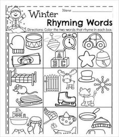 the winter rhyming words worksheet is shown in black and white, with pictures