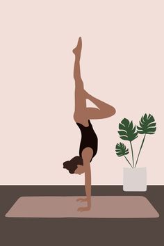 a woman is doing yoga in front of a potted plant on the floor with her legs up