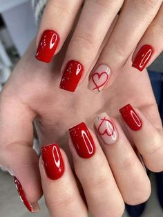 Nail Shapes:Square \nColor:Red \nType:Color Nails \nPattern Type:Colorblock \nPattern Type:Plants \nFinish:Glossy \n Red Summer Nails 2024, Red Nails Summer, Nail Art Vermelho, Red Heart Nails, Hello Nails, Simple Gel Nails, Blush Nails, Short Acrylic Nails Designs, Pink Acrylic Nails