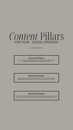 Grey background with black text. Title says 3 must-have content pillars to use in your social strategy and then explains them each. Social Media Post Engagement Ideas, Social Media Freebie Ideas, Social Media Post Ideas For Retail, Social Media Content Pillar Ideas, Social Media Post Ideas For Engagement, Engaging Content Ideas For Instagram, Thursday Themes Social Media, Content Pillars Ideas, Social Media Pillars