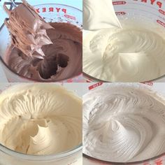 four different types of whipped cream in bowls