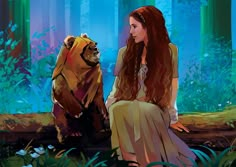 a painting of a woman sitting next to a bear in the woods with trees behind her