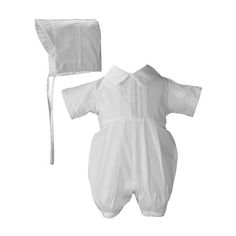 Simple handsome short sleeve poly cotton broadcloth christening romper. Features pin tucking and buttons. Includes matching hat. Shipped with padded plastic hanger and poly bag. The Little Things Mean a Lot Heirloom Preservation Bag is recommended for long term storage. This elegant coverall is perfect for Christening, Baptism, Baby Blessing or any special occasion such as weddings, church presentations, dedications and keepsake photos. - About Little Things Mean a Lot Founded in 1983, Little Th White Long Sleeve Jumpsuit, 1st Birthday Onesie, Boy Christening Outfit, Baby Boy Christening, Gentleman Outfit, Baby Boy Baptism, Wedding Party Outfits, Baptism Outfit, Baby Blessing